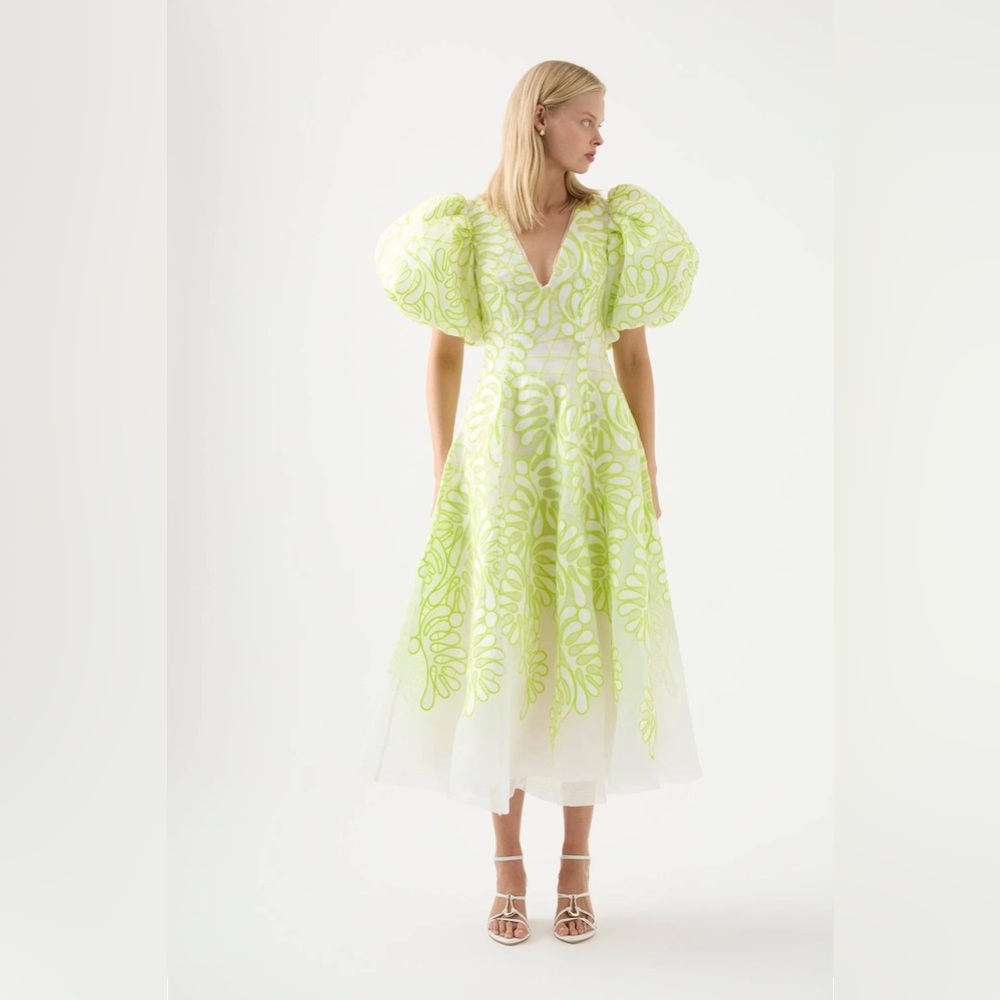 Aje Botanical Applique Puff-Sleeve Midi-Dress